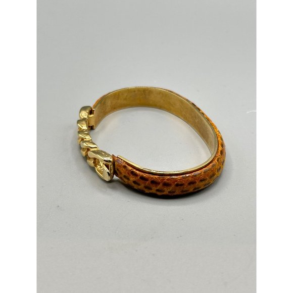 Vtg 80s 90s Snakeskin Bracelet Hinged Bangle Tan Color with Gold Plated Chain - Picture 4 of 8